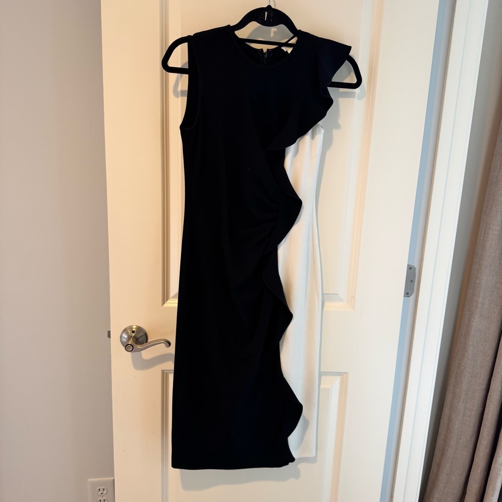 Shoshanna Aventura Colorblock Black & White Ruffle Front Sheath Dress | Size 4